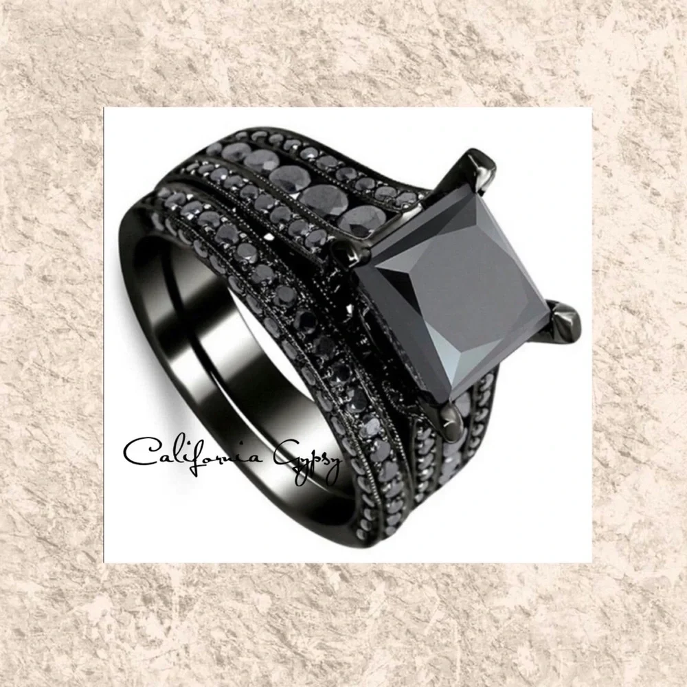 925 Sterling Silver Princess Cut Black Sapphire Ring Set - Picture 6 of 9